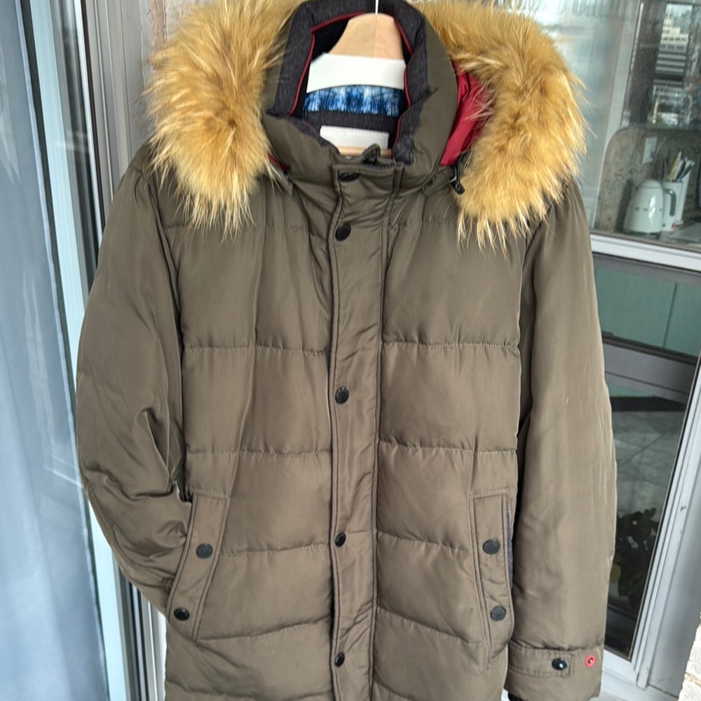 Brown Tan Puffer Coat with Faux Fur Hood